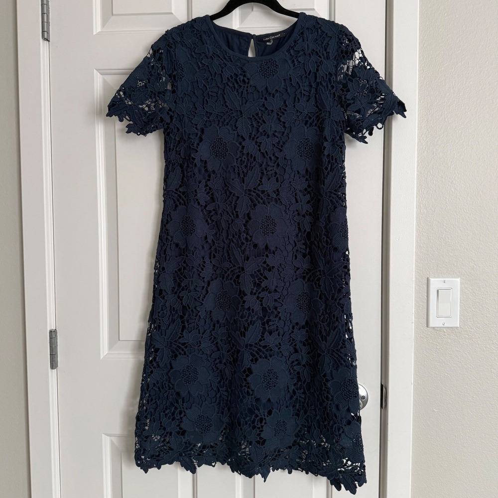 Luisa Cerano Navy Floral Guipure Lace Short Sleeve Shift Dress US 6 EU 36